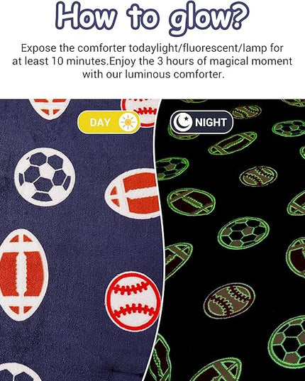 Mooreeke Glow in The Dark Full Plush Fleece Comforter Bed Set, Soft & Warm 3 Piece Bed in A Bag with Sham, Velour Velvet Football Basketball Soccer Rugby Boys Kids Bedding Set, Fluffy Fuzzy Polar Cozy - LeafyLoom