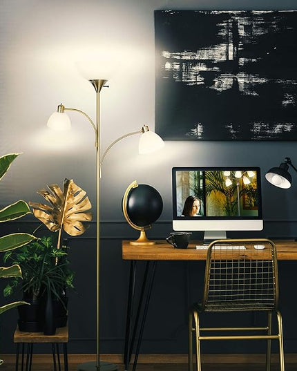 Brightech Sky Dome Double LED Floor lamp, Torchiere Super Bright Floor Lamp with 2 Reading Lamps for Living Rooms & Offices - Dimmable Tall Standing Lamp for Bedroom Reading - Tall Brass Pole - LeafyLoom