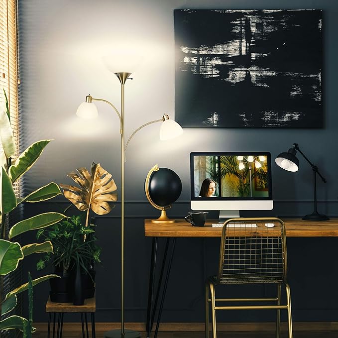 Brightech Sky Dome Double LED Floor lamp, Torchiere Super Bright Floor Lamp with 2 Reading Lamps for Living Rooms & Offices - Dimmable Tall Standing Lamp for Bedroom Reading - Tall Brass Pole - LeafyLoom