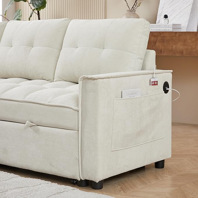 Chenille Convertible Sleeper Sectional Sofa with Reversible Storage Chaise and Pull Out Couch Bed , L Shaped Corner Sofabed with USB and tape-c Charging Ports for Living Room Office Small Places - LeafyLoom