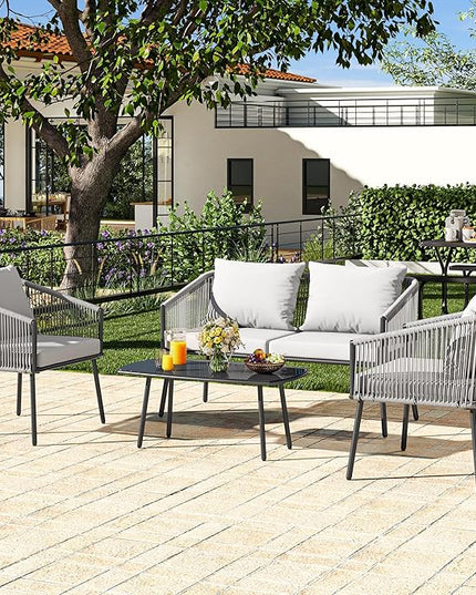 YITAHOME 4-Piece Patio Furniture Outdoor Bistro Set, All Weather Double Gray Rope Conversation Loveseat for Backyard, Balcony, Deck with Soft Cushions and Metal Table (Gray) - LeafyLoom