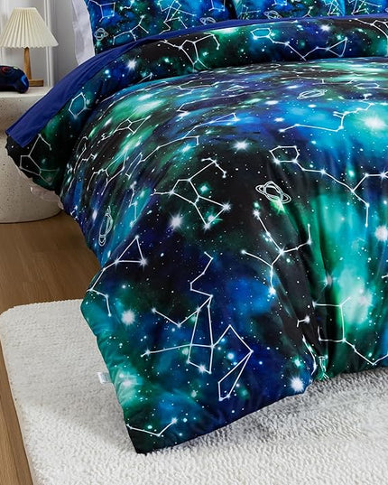 Btargot Lightweight Microfiber 6 Piece Comforter Set, Tie Dye Galaxy Constellation Pattern Bedding Set for Boys Girls Teen, Queen Black Green - LeafyLoom