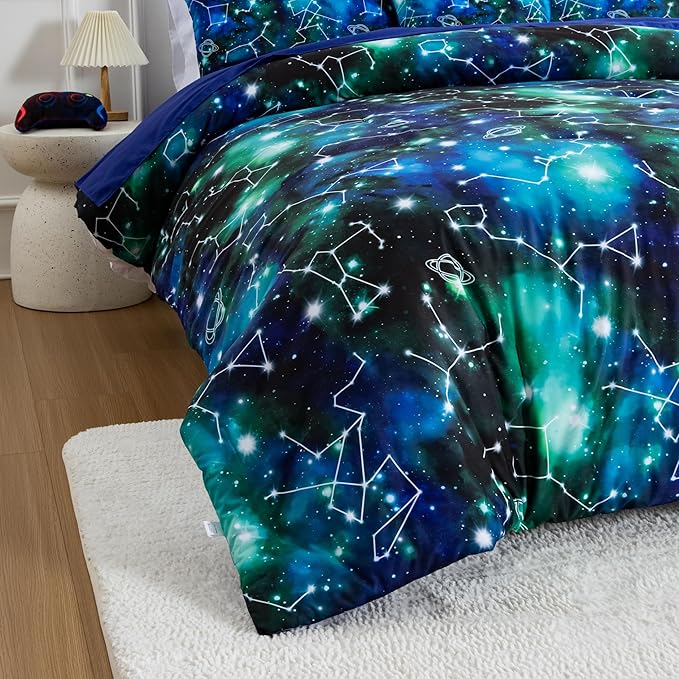 Btargot Lightweight Microfiber 6 Piece Comforter Set, Tie Dye Galaxy Constellation Pattern Bedding Set for Boys Girls Teen, Queen Black Green - LeafyLoom