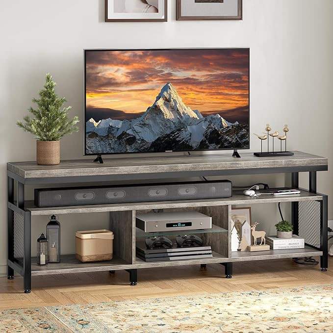 YITAHOME LED Television Stands w/Power Outlets for 70/65 inch, Modern Industrial TV Stand, Entertainment Center w/Open Storage TV Table, Entertainment Center for 360lbs for Living Room, Gray - LeafyLoom