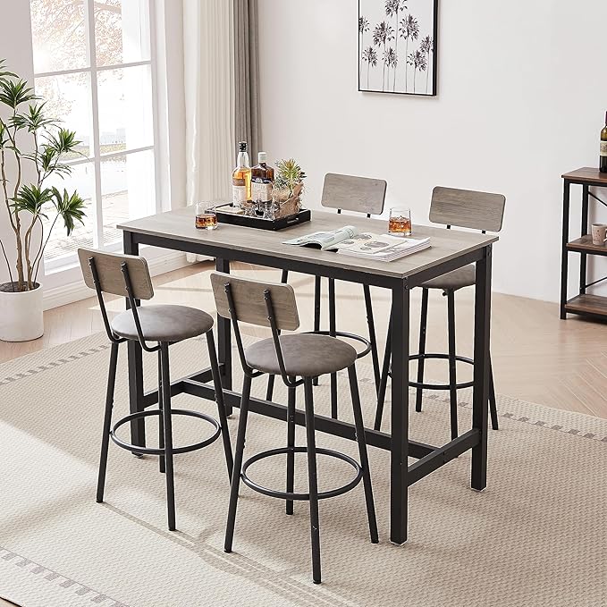 NicBex Dining Room Table Set for 4 Corner Dining Table Set Bar Table Set with 4 Bar Stools PU Soft Seat with Backrest Set for Kitchen, Dining Room, Dinette, Thicken Steel Frame, Grey - LeafyLoom