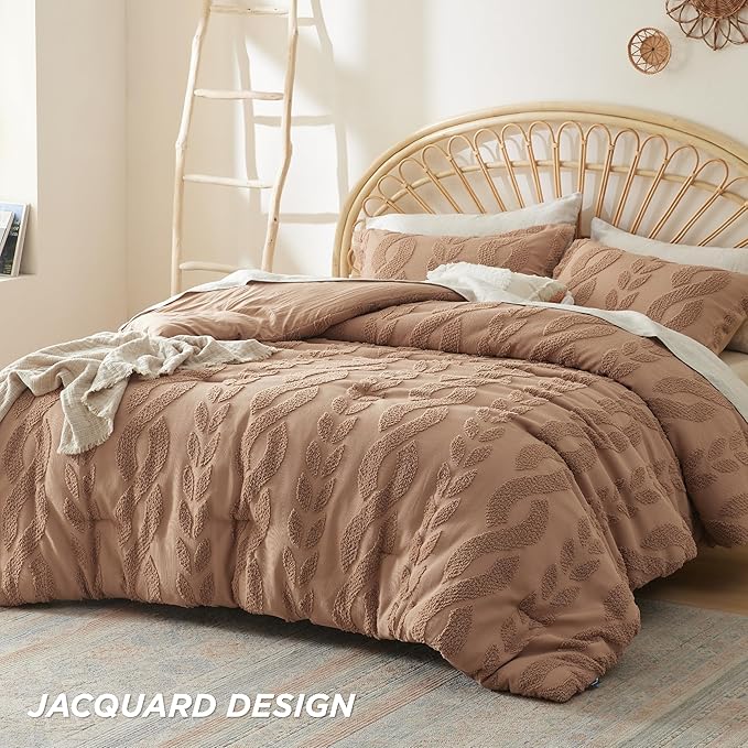 Bedsure Twin/Twin XL Size Comforter Set Taupe, Boho Tufted Bedding Comforter Set, Farmhouse Jacquard Cable Knit Pattern Bed Set, 2 Pieces, 1 Shabby Chic Fluffy Comforter & 1 Pillow Sham - LeafyLoom