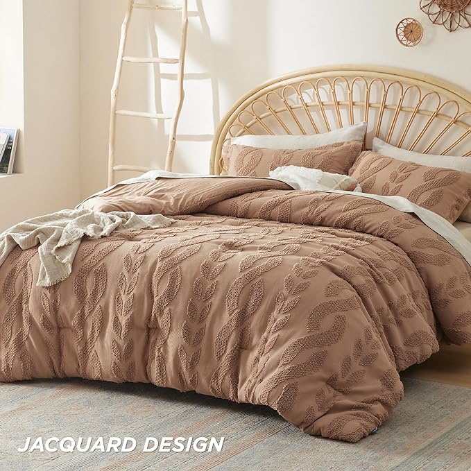 Bedsure Full Size Comforter Set Taupe, Boho Tufted Bedding Comforter Set, Farmhouse Jacquard Cable Knit Pattern Bed Set, 3 Pieces, 1 Shabby Chic Fluffy Comforter & 2 Pillow Shams - LeafyLoom
