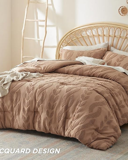 Bedsure Queen Size Comforter Set Taupe, Boho Tufted Bedding Comforter Set, Farmhouse Jacquard Cable Knit Pattern Bed Set, 3 Pieces, 1 Shabby Chic Fluffy Comforter & 2 Pillow Shams - LeafyLoom