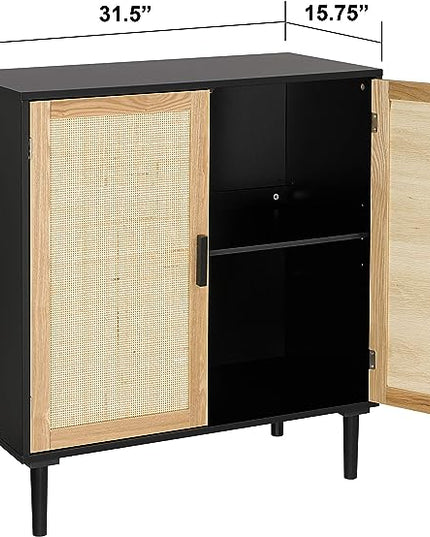 Finnhomy Sideboard Buffet Cabinet, Kitchen Storage Cabinet with Rattan Decorated Doors, Accent Liquor Cabinet for Bar, Dining Room, Hallway, Cupboard Console Table, 31.5X 15.8X 34.6 Inches - LeafyLoom