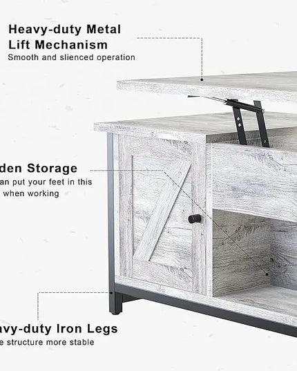 FABATO 41.7" Lift Top Coffee Table with Storage Drawer& Hidden Compartment Barn Door Cabinet Center Console Table for Living Room Farmhouse Industrial Wood (Gray) - LeafyLoom