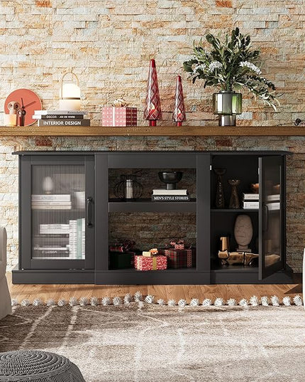 WLIVE Retro TV Stand for 65 inch TV, TV Console Cabinet with Storage, Open Shelves Entertainment Center for Living Room and Bedroom, Black - LeafyLoom