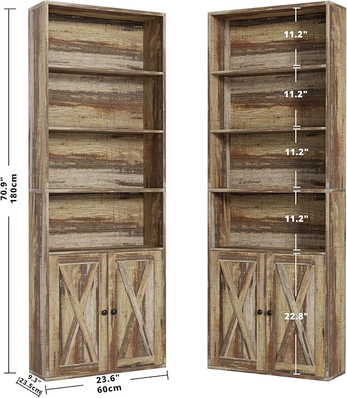 IRONCK Industrial Bookshelves and Bookcases with Doors Set of 2 Floor Standing 6 Shelf Display Storage Shelves 70 in Tall Bookcase for Home Office, Living Room - LeafyLoom