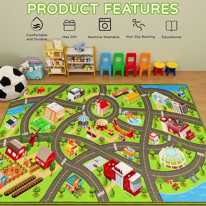 Kids Rugs Traffic Road Carpet for Car City Map Play Rug 5'×6.7' for Playroom Educational Mat Area Rug, Kid Playtime Collection Toddler Car Track Rug Cute Cartoon (City Road B, 59×78.7 in) - LeafyLoom