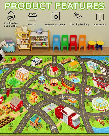 Kids Rugs Traffic Road Carpet for Car City Map Play Rug 3.3'×5' for Playroom Educational Mat Area Rug, Kid Playtime Collection Toddler Car Track Rug Cute Cartoon (City Road B, 39.4×59 in) - LeafyLoom