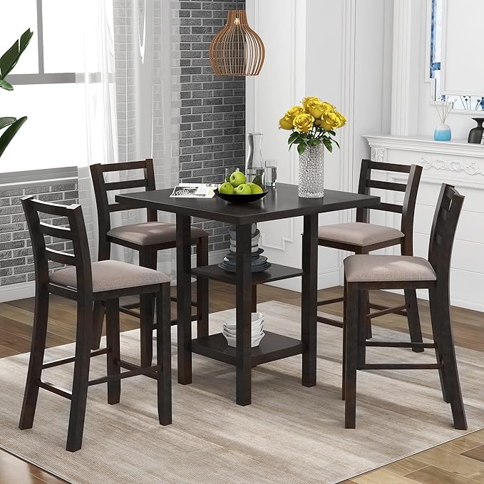 5-Piece Counter Height Dining Set, includes 1 Solid Wood Table with Storage Shelving and 4 Padded Chairs, for Kitchen, Diningroom, Living Room, Easy to Assemble, Espresso - LeafyLoom