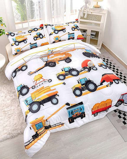 CVHOUSE Tractor Bedding Sets for Boys,Excavators Comforter Twin,Boys Cartoon Truck Comforter Set,Trucks Tractors Cars Quilt Set with 1 Comforter and 2 Pillow Cases- 3 Piece - LeafyLoom