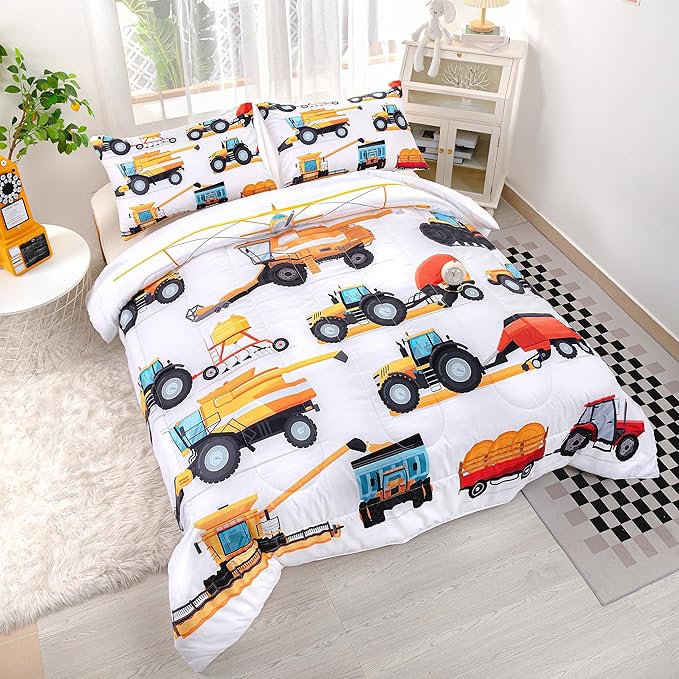 CVHOUSE Tractor Bedding Sets for Boys,Excavators Comforter Twin,Boys Cartoon Truck Comforter Set,Trucks Tractors Cars Quilt Set with 1 Comforter and 2 Pillow Cases- 3 Piece - LeafyLoom