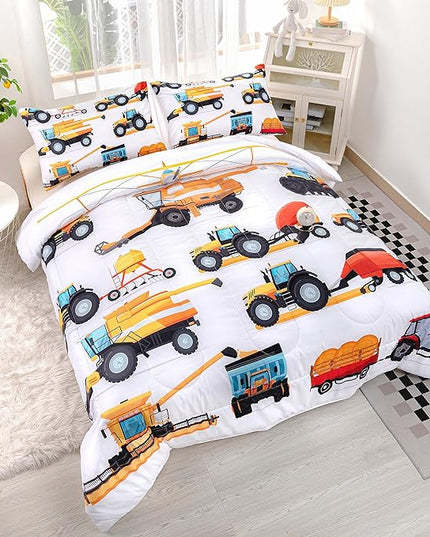 CVHOUSE Tractor Bedding Sets for Boys,Excavators Comforter Full,Boys Cartoon Truck Comforter Set,Trucks Tractors Cars Quilt Set with 1 Comforter and 2 Pillow Cases- 3 Piece - LeafyLoom