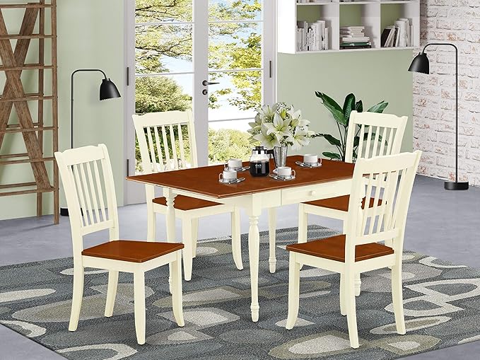 East West Furniture MZDA5-WHI-W Monza 5 Piece Set Includes a Rectangle Dining Room Table with Dropleaf and 4 Wood Seat Chairs, 36x54 Inch - LeafyLoom