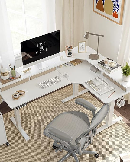 FEZIBO Triple Motor 63" L Shaped Standing Desk with 3 Drawers, Electric Standing Gaming Desk Adjustable Height, Corner Stand up Desk with Splice Board, White Frame/White Top - LeafyLoom