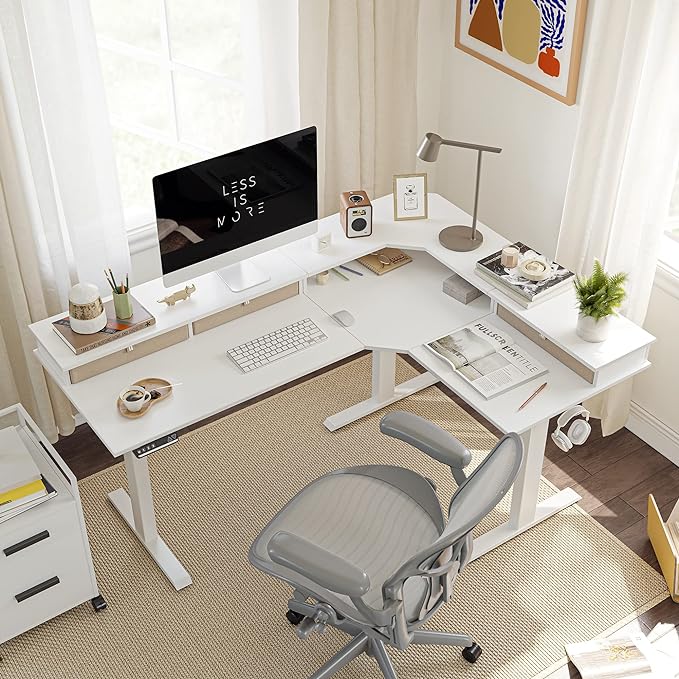 FEZIBO Triple Motor 63" L Shaped Standing Desk with 3 Drawers, Electric Standing Gaming Desk Adjustable Height, Corner Stand up Desk with Splice Board, White Frame/White Top - LeafyLoom