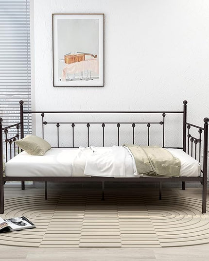 alazyhome Twin Size Metal Daybed Guest Bed Frame for Living Room Bedroom Steel Slat Support No Box Spring Needed Space Saving Brown - LeafyLoom