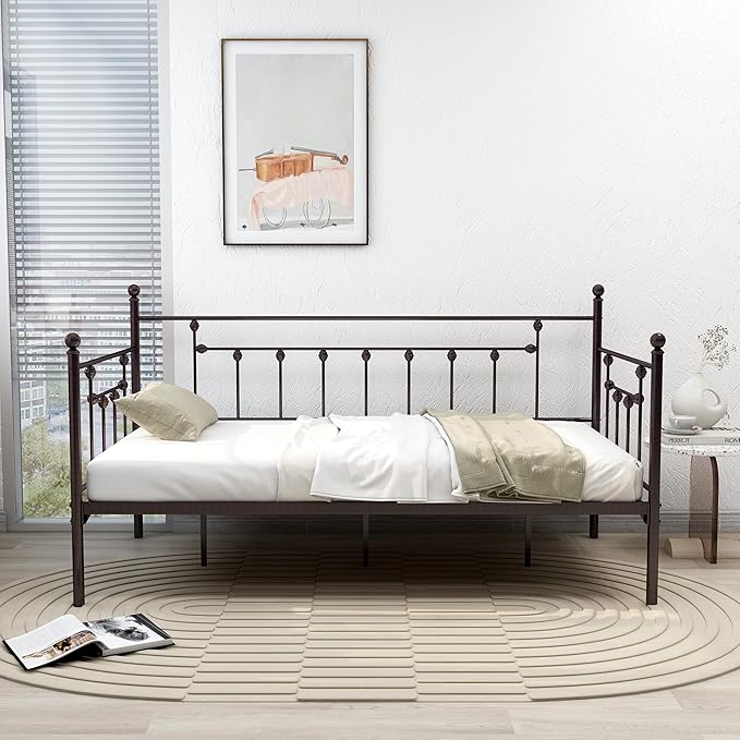 alazyhome Twin Size Metal Daybed Guest Bed Frame for Living Room Bedroom Steel Slat Support No Box Spring Needed Space Saving Brown - LeafyLoom
