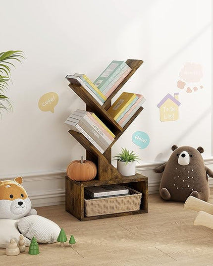 Hoctieon 3 Tier Tree Bookshelf, Small Bookcase with Drawer, Desktop Book Shelf, Display Floor Standing Storage Shelf, Book Organizer Shelves for Home Office, Rustic Brown - LeafyLoom