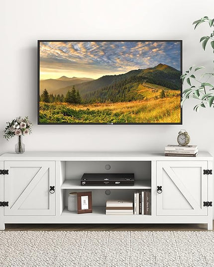 Panana Modern Farmhouse TV Stand, Entertainment Center for 70 inch TV with 2 Doors and Open Shelves for Living Room, Bedroom (White, 65 inch) - LeafyLoom