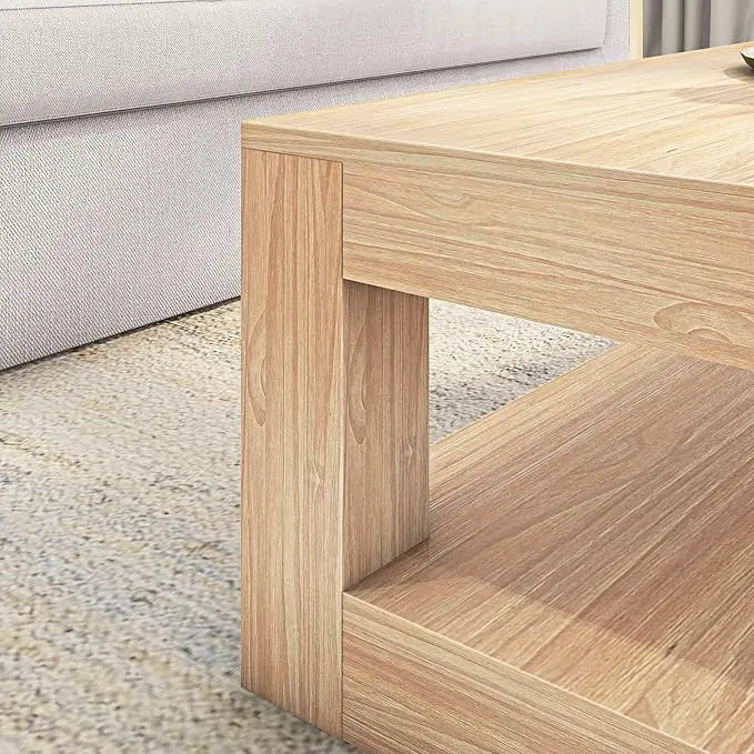 Plank+Beam Modern Rectangular Coffee Table with Shelf, Solid Wood, 48 Inch, Center Table with Storage, 2 Tier Tea Table for Living Room, Blonde Wirebrush - LeafyLoom