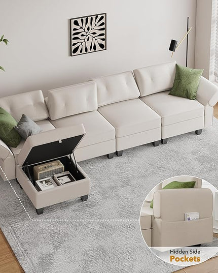 Modular Sectional Sofa, Convertible Sectional Couches for Living Room L Shaped Sectional Sofa Couch with Storage Ottoman, High Supportive 6 Seats Reversible Sectionals 113'' with Chaise, Beige - LeafyLoom