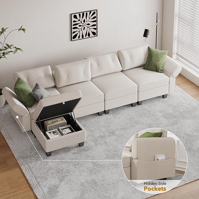 Modular Sectional Sofa, Convertible Sectional Couches for Living Room L Shaped Sectional Sofa Couch with Storage Ottoman, High Supportive 6 Seats Reversible Sectionals 113'' with Chaise, Beige - LeafyLoom