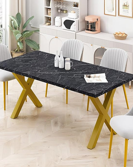 NicBex Dining Table Contemporary Kitchen Table Farmhouse Rustic 70.87" Square Dining Table with Printed Black Marble Table Top+Gold X-Shape Table Leg Rectangular Dining Table, Black +Gold - LeafyLoom