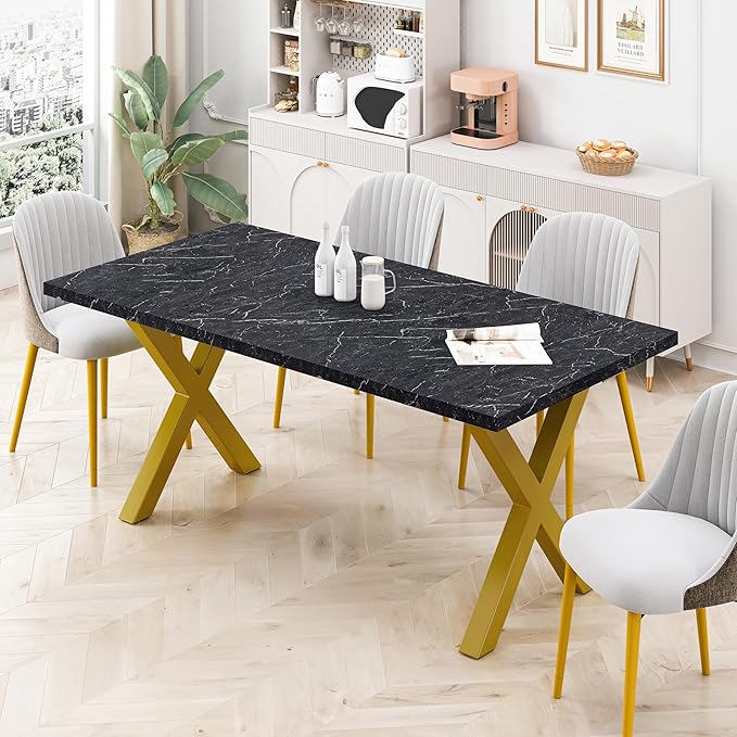 NicBex Dining Table Contemporary Kitchen Table Farmhouse Rustic 70.87" Square Dining Table with Printed Black Marble Table Top+Gold X-Shape Table Leg Rectangular Dining Table, Black +Gold - LeafyLoom