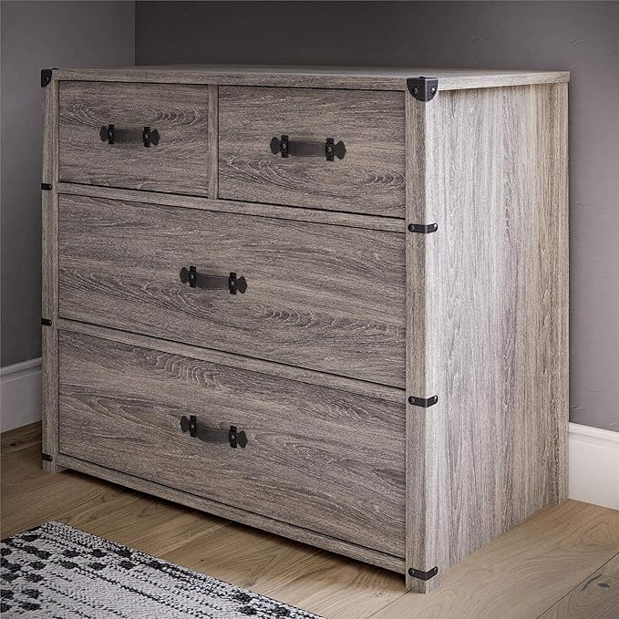 Little Seeds Nova 4 Drawer Storage Grey Dresser, Gray Oak - LeafyLoom