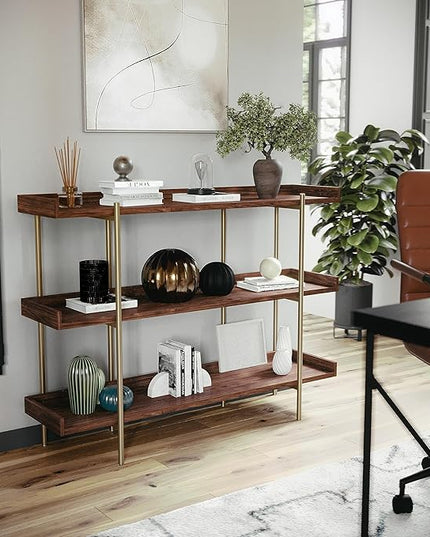 Martha Stewart Emmett 3 Shelf Bookcase with Vertical Metal Frame, Home Office Storage Display Unit, 35"H, Walnut Wood Grain/Polished Brass - LeafyLoom