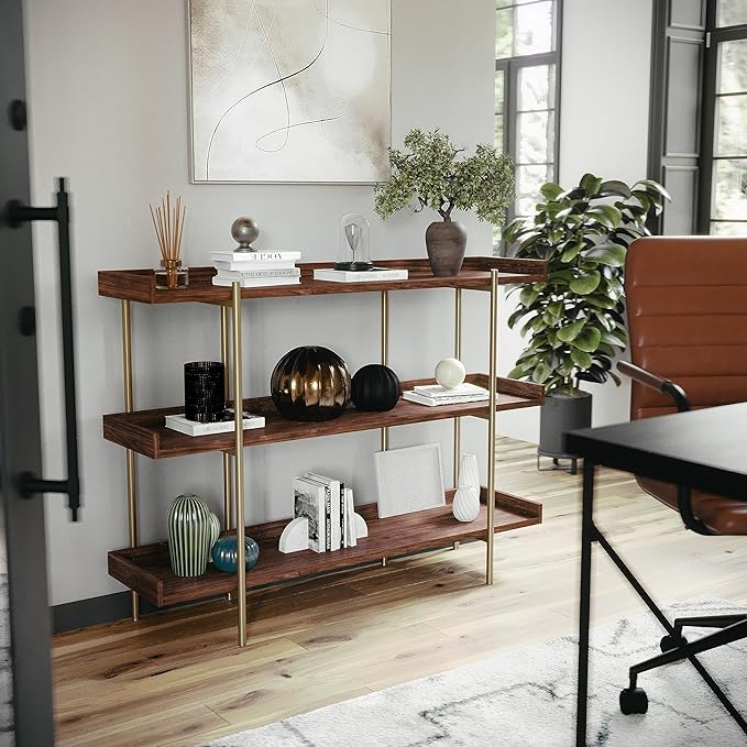 Martha Stewart Emmett 3 Shelf Bookcase with Vertical Metal Frame, Home Office Storage Display Unit, 35"H, Walnut Wood Grain/Polished Brass - LeafyLoom