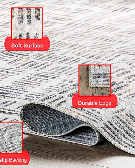 nuLOOM Mitzi Abstract Lines Machine Washable Ultra Thin Area Rug, 5' x 8', Light Grey - LeafyLoom