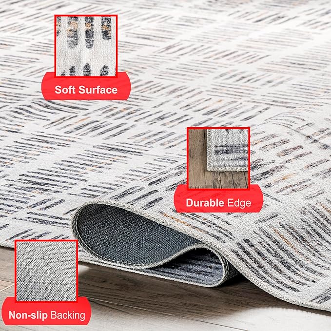 nuLOOM Mitzi Abstract Lines Machine Washable Ultra Thin Area Rug, 5' x 8', Light Grey - LeafyLoom