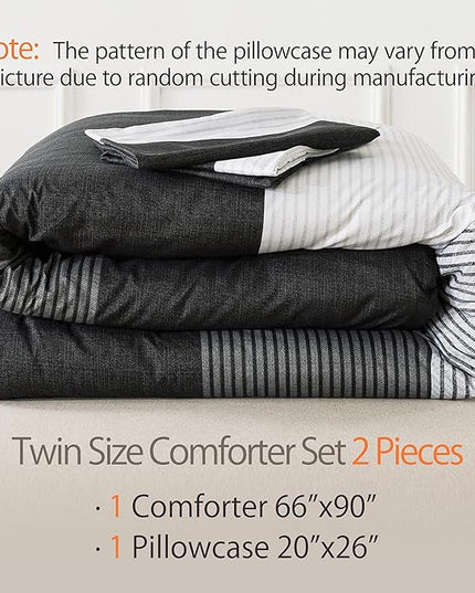 Andency Twin Comforter Set Black, 2 Pieces Black White and Gray Patchwork Striped Comforter(66x90 Inch), Soft Microfiber Down Alternative Twin Comforter Bedding Sets with Corner Loops - LeafyLoom