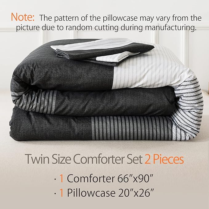Andency Twin Comforter Set Black, 2 Pieces Black White and Gray Patchwork Striped Comforter(66x90 Inch), Soft Microfiber Down Alternative Twin Comforter Bedding Sets with Corner Loops - LeafyLoom
