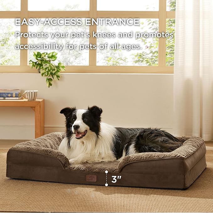 Bedsure Orthopedic Dog Bed for Large Dogs - Calming Dog Sofa Beds Large with Luxurious Plush, Big Pet Couch Bed with Removable Washable Cover, Waterproof Lining and Nonskid Bottom, Brown BEDSURE
