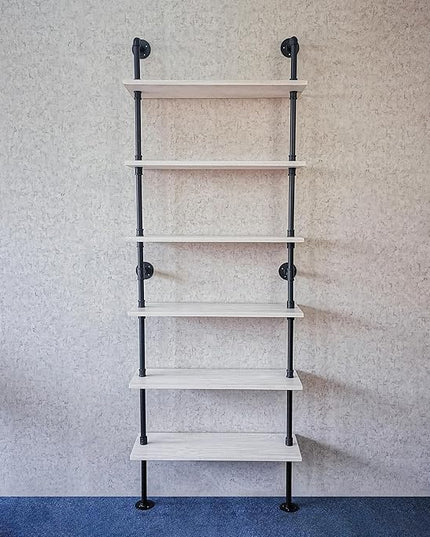Pipe Shelves, Wall Mounted Wood Metal Industrial Shelves, Ladder Bookshelf for Living Room (White, 10" D x 30" W x 82.5" H) - LeafyLoom