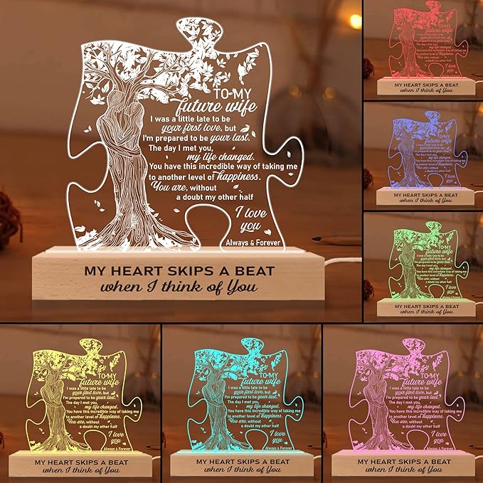 Gifts for Wife from Husband | Wedding Lights for Couples, Engraved, Newlyweds | to My Future Wife 3D Lamp Wooden Base USB Powered Acrylic Night Light | Gift for Her on Birthday Valentines - LeafyLoom