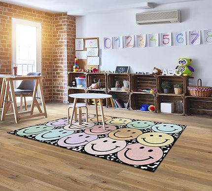 Flagship Carpets Schoolgirl Style Pastel Rainbow Smileys on Notebook Educational Area Rug for Kids Room Seating Décor, Children's Classroom, Play Carpet for Teaching and Playroom, 5' x 7'6", Multi - LeafyLoom