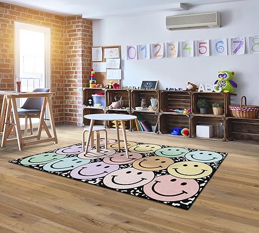 Flagship Carpets Schoolgirl Style Pastel Rainbow Smileys on Notebook Educational Area Rug for Kids Room Seating Décor, Children's Classroom, Play Carpet for Teaching and Playroom, 5' x 7'6", Multi - LeafyLoom