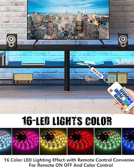 Clikuutory Modern Black 71 inch Metal TV Stand with LED Lights and Power Outlets for 50 60 65 70 75 80 Inch TVs, 3 Tier Television Stands with Entertainment Center and Storage for Living Room, Bedroom - LeafyLoom