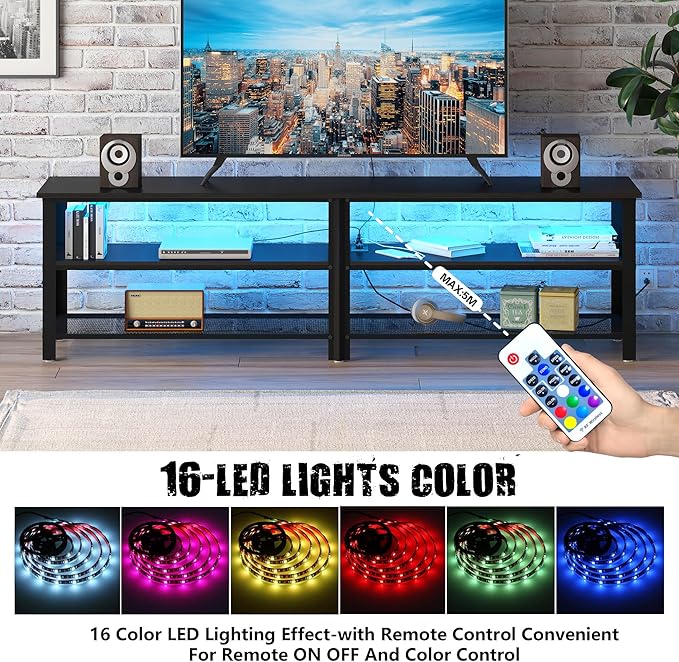 Clikuutory Modern Black 71 inch Metal TV Stand with LED Lights and Power Outlets for 50 60 65 70 75 80 Inch TVs, 3 Tier Television Stands with Entertainment Center and Storage for Living Room, Bedroom - LeafyLoom