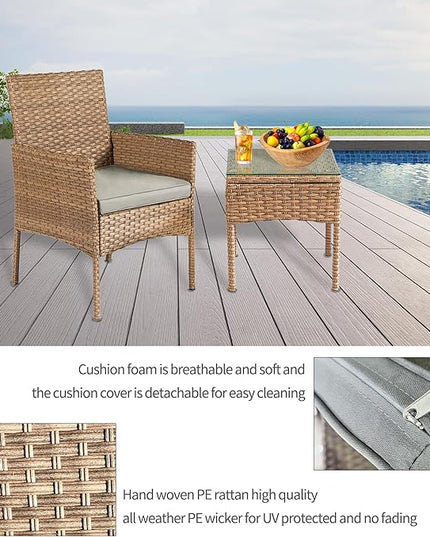 3 Pieces Patio Set Balcony Furniture Sets for Apartments.Bistro Furniture Set, Conversation Sets with Coffee Table, for Porch, Patio, Garden and Removable Cushions Grey - LeafyLoom