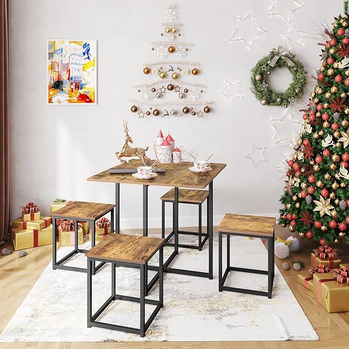 Yaheetech 5 Piece Dining Table & Chair Set - Compact Dining Table Sets Small Kitchen Table with 4 Stools for Dining Room Small Space -Rustic Brown - LeafyLoom